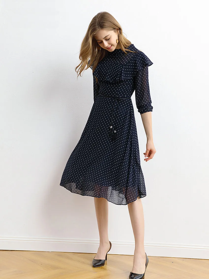 SCANDINAVIA-Long Sleeve Waist Belted Dot Print Fit & Flare Dress