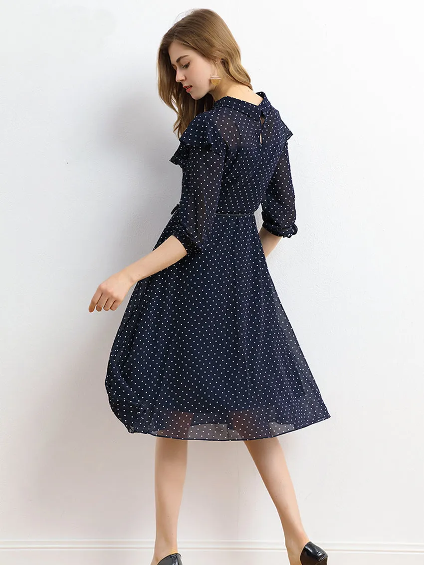 SCANDINAVIA-Long Sleeve Waist Belted Dot Print Fit & Flare Dress