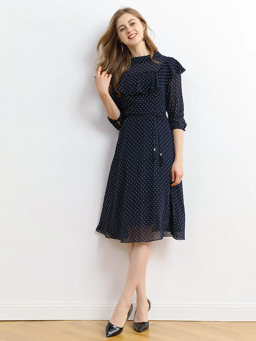 SCANDINAVIA-Long Sleeve Waist Belted Dot Print Fit & Flare Dress