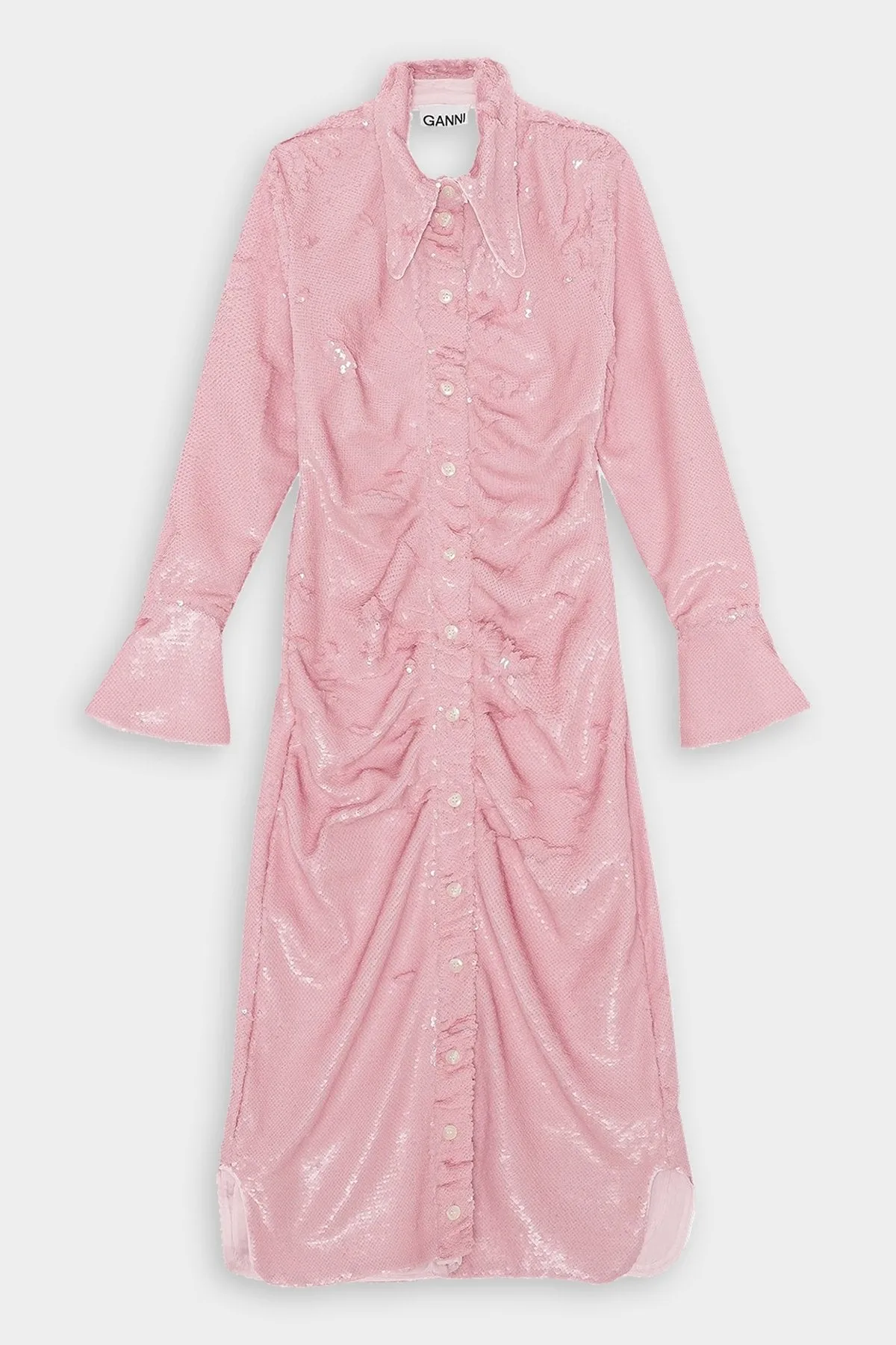 Sequins Long Collar Gathered Fitted Dress in Light Lilac