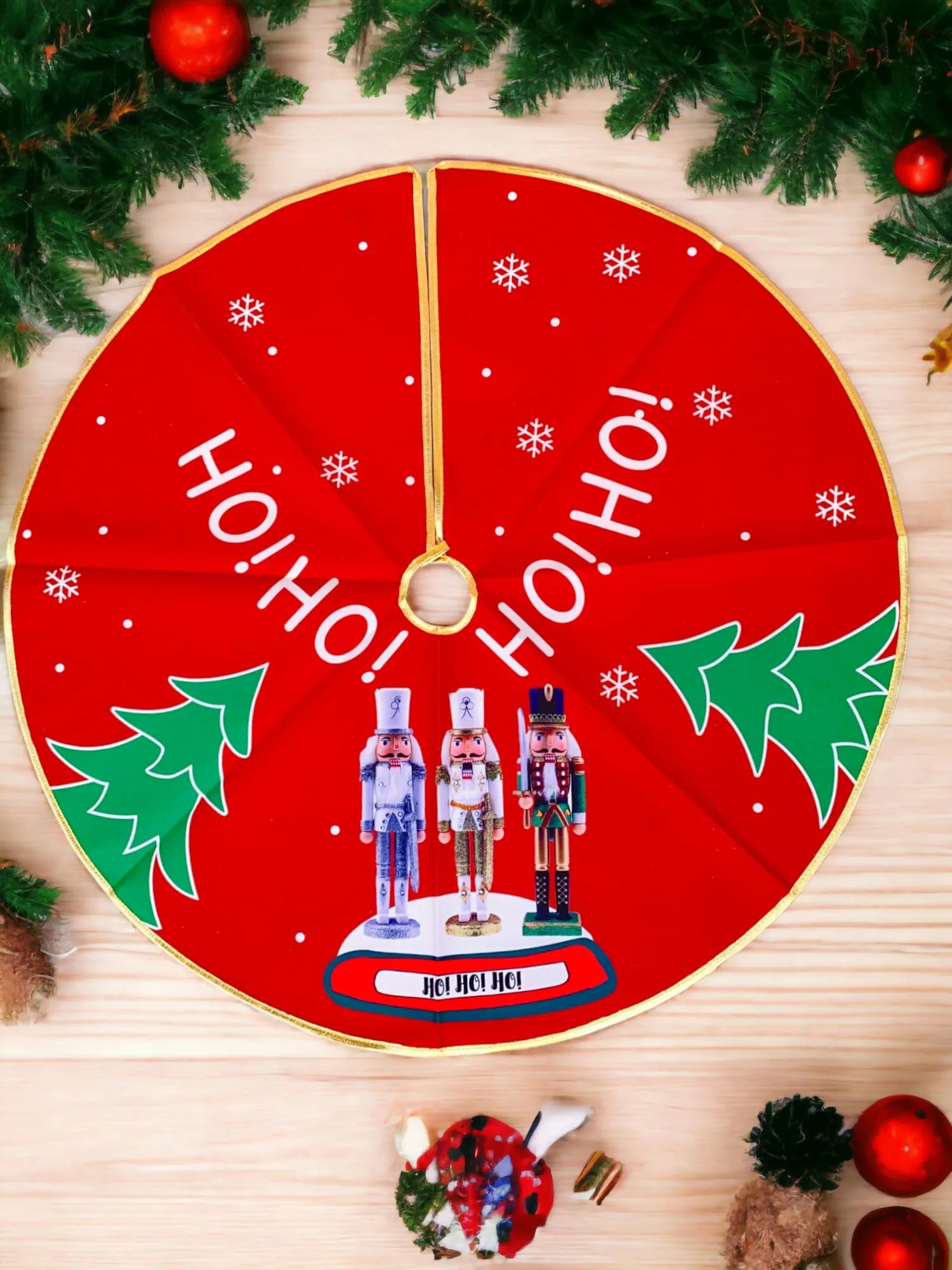 SESONBY 48" Christmas Tree Skirt Rustic Tree Skirt Ornaments Reindeer Xmas Tree Skirt Mat with Santa Snowman Deer Pattern for Decorations Holiday Party Indoor Outdoor