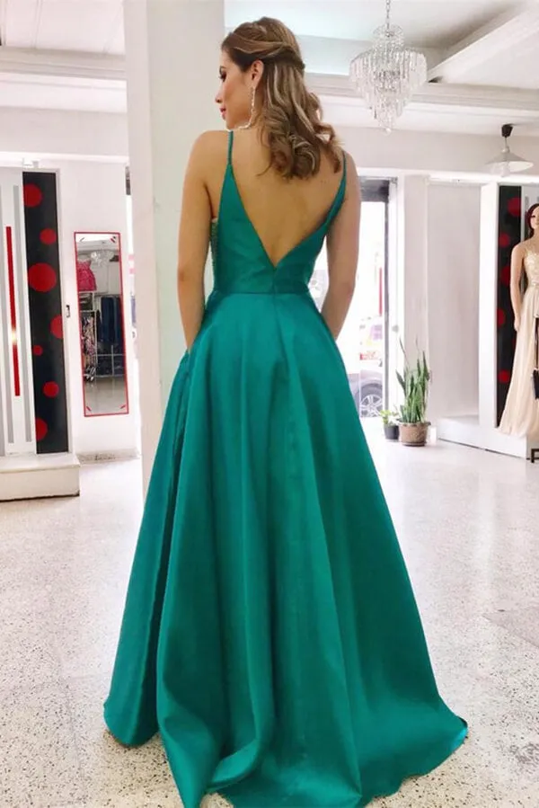 Simple Teal A-line Spaghetti Straps Satin Long Prom Dresses, Evening Gown, SP733