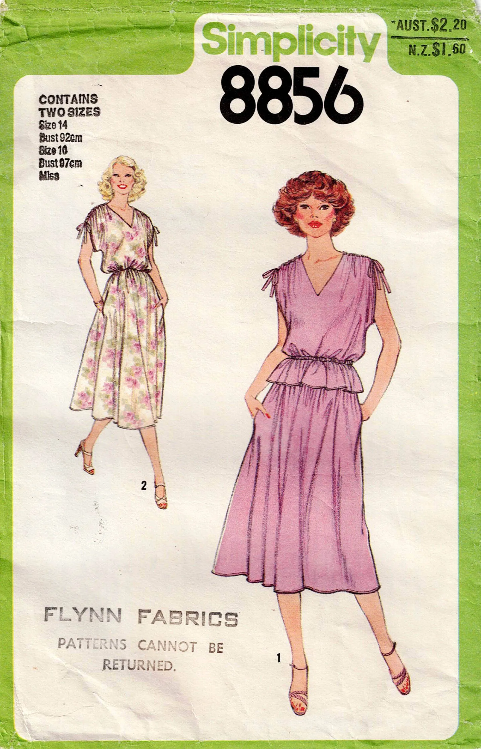 Simplicity 8856 Womens Drawstring Shoulder Dress Top & Skirt 1970s Vintage Sewing Pattern Sizes 14 & 16