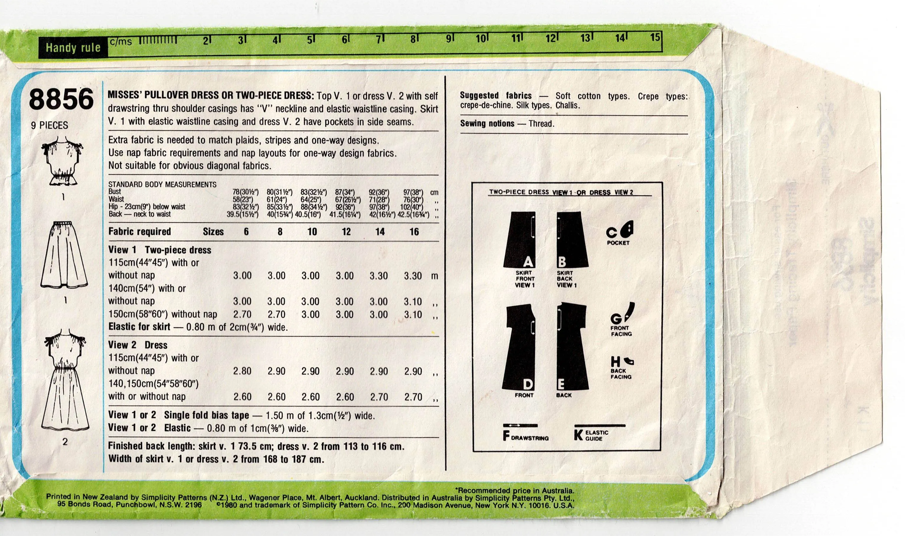 Simplicity 8856 Womens Drawstring Shoulder Dress Top & Skirt 1970s Vintage Sewing Pattern Sizes 14 & 16