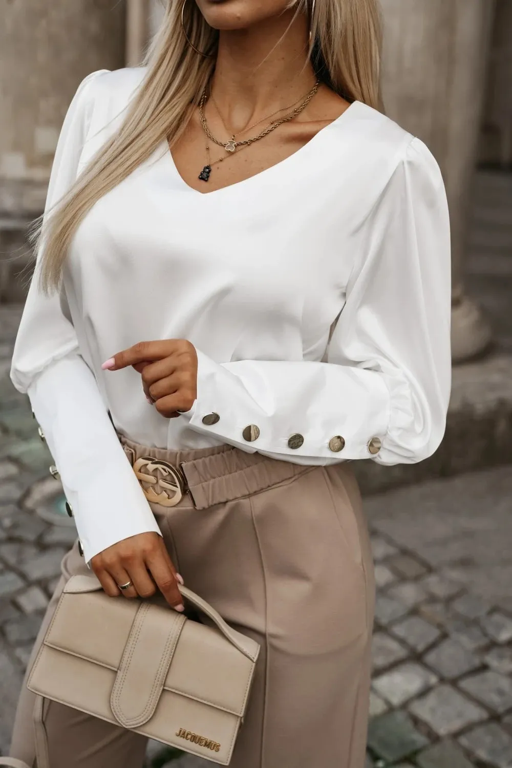 Sophisticated V-Neck Button-Sleeve Blouse with Timeless Elegance