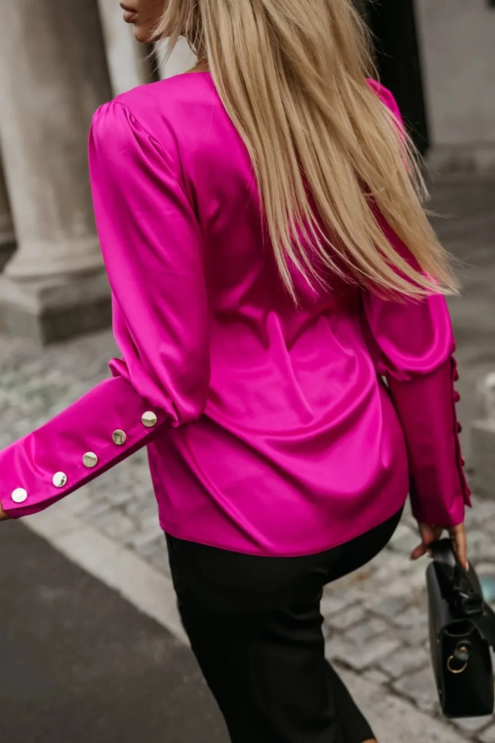 Sophisticated V-Neck Button-Sleeve Blouse with Timeless Elegance