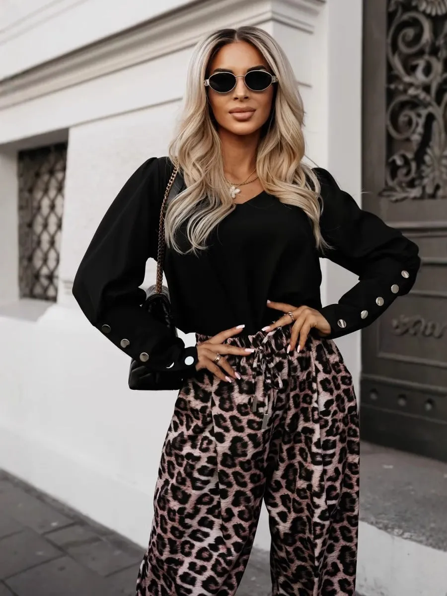 Sophisticated V-Neck Button-Sleeve Blouse with Timeless Elegance