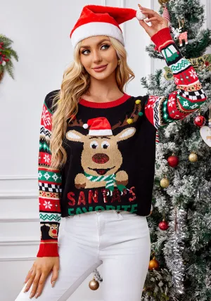 Sparkling Elk Embroidery Sequin Knit Pullover for Festive Comfort and Style