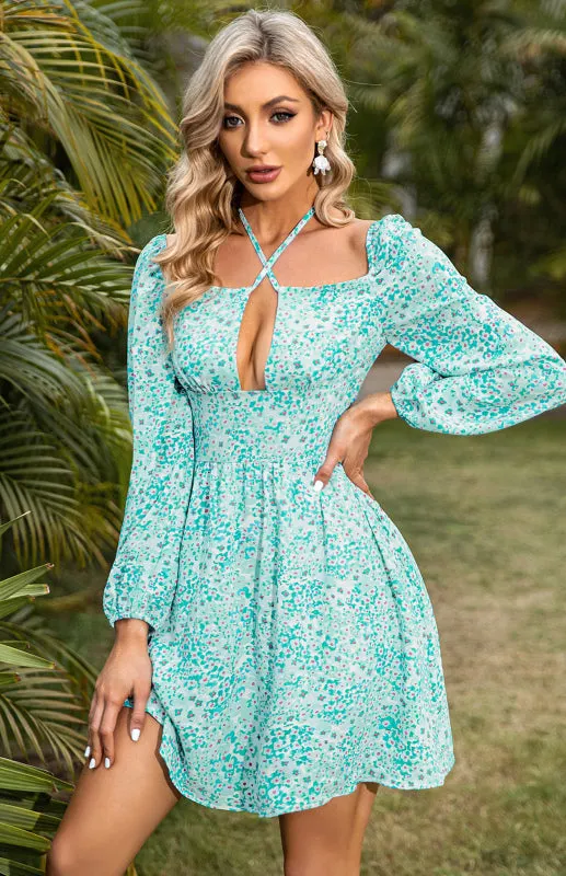 Square Neck Mini Dress with Cross Lace Floral Print