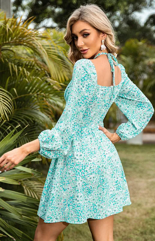 Square Neck Mini Dress with Cross Lace Floral Print