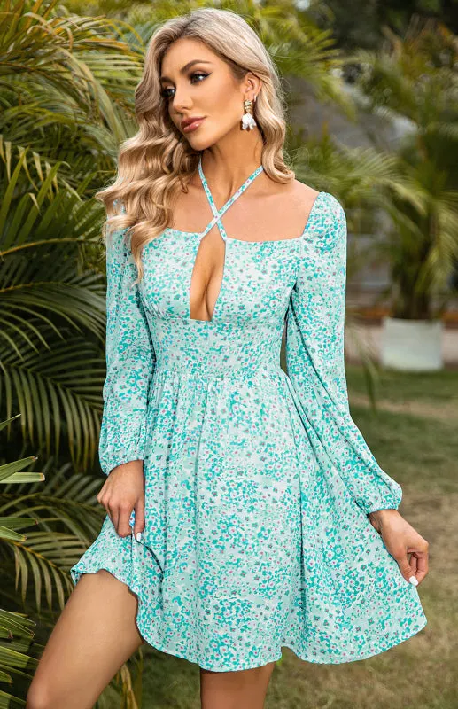 Square Neck Mini Dress with Cross Lace Floral Print