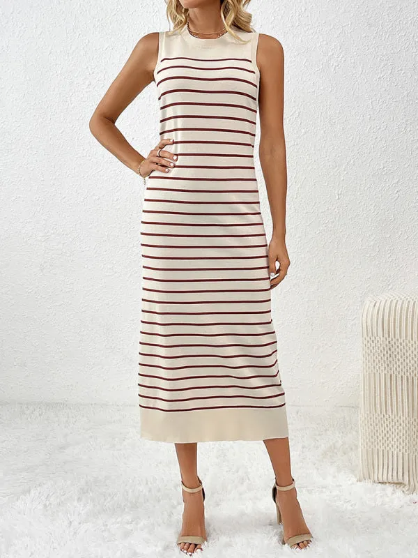 Striped Sleeveless Pullover Dress with Fitted Knit Design