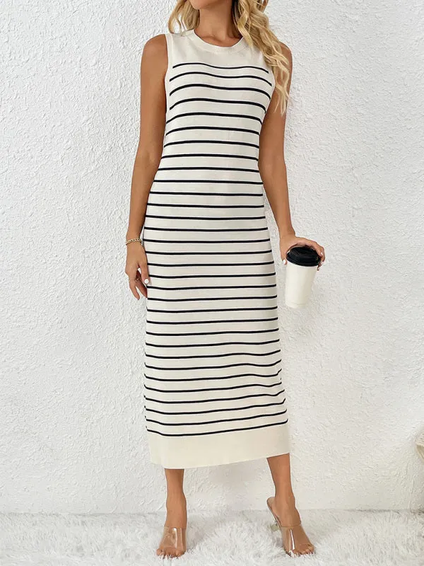 Striped Sleeveless Pullover Dress with Fitted Knit Design
