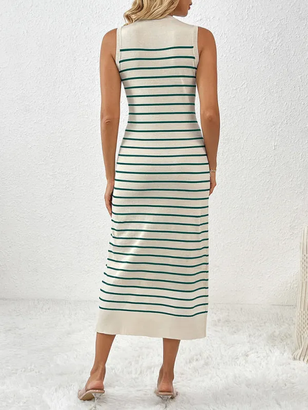 Striped Sleeveless Pullover Dress with Fitted Knit Design