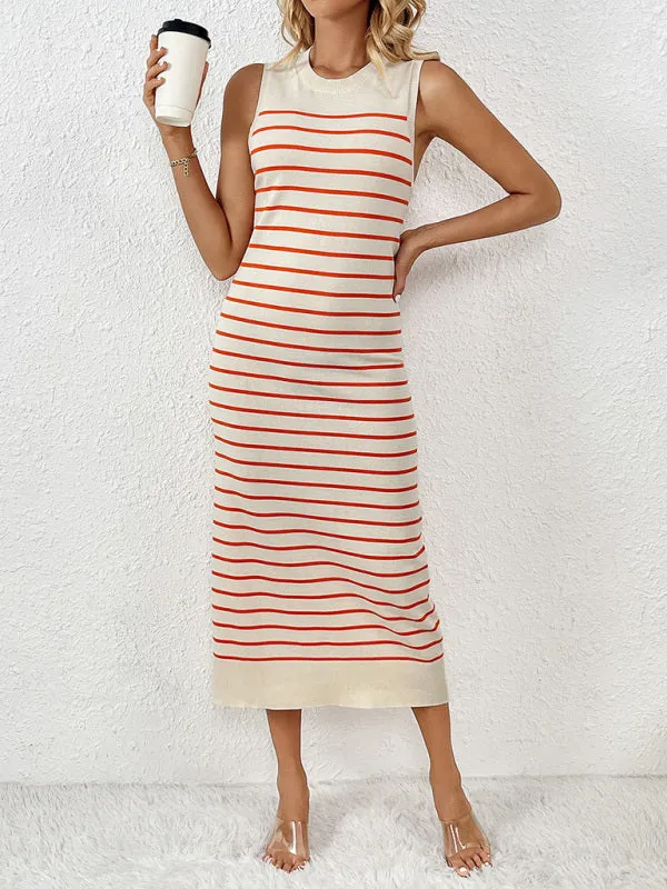 Striped Sleeveless Pullover Dress with Fitted Knit Design
