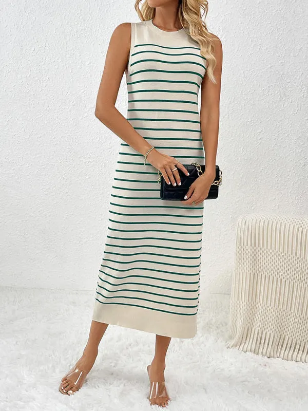 Striped Sleeveless Pullover Dress with Fitted Knit Design