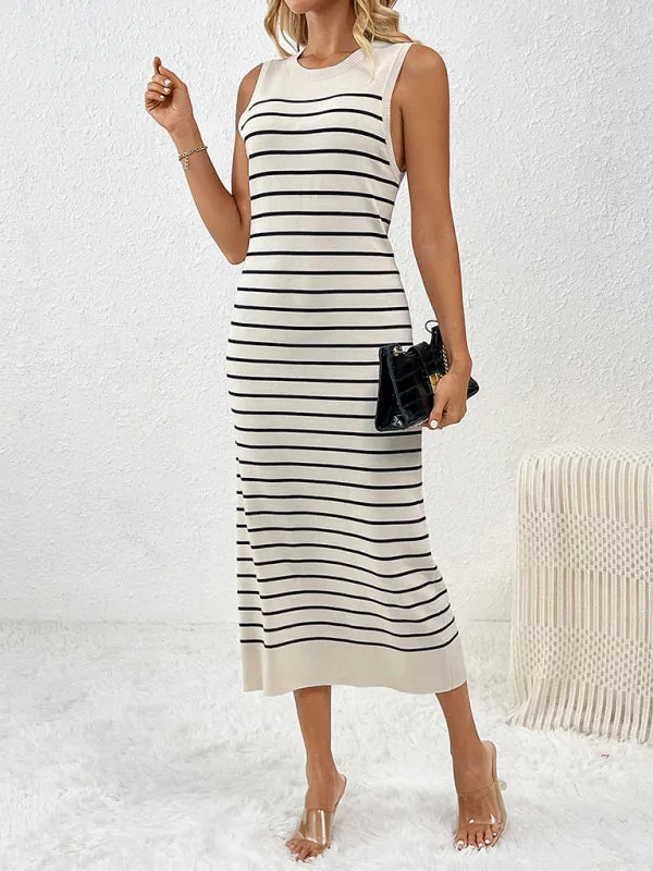 Striped Sleeveless Pullover Dress with Fitted Knit Design