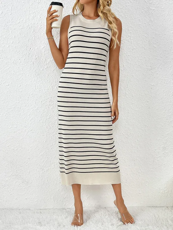 Striped Sleeveless Pullover Dress with Fitted Knit Design