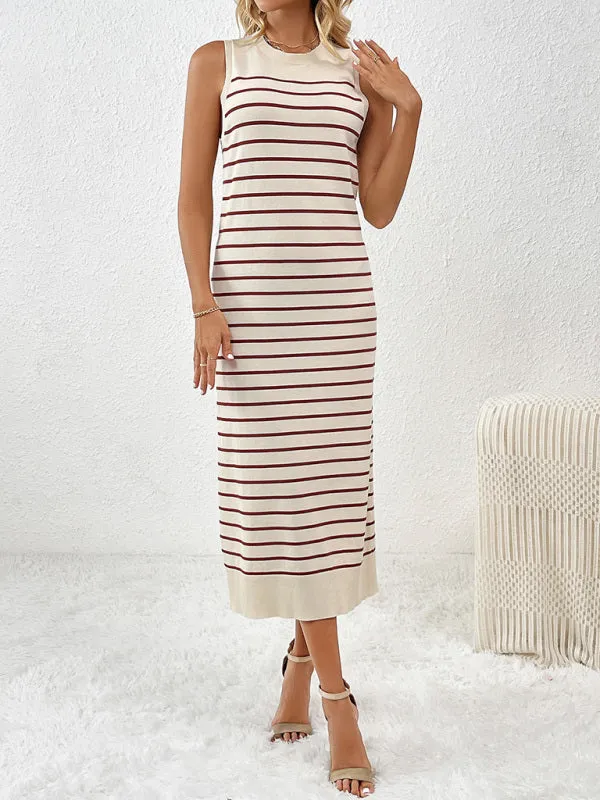 Striped Sleeveless Pullover Dress with Fitted Knit Design