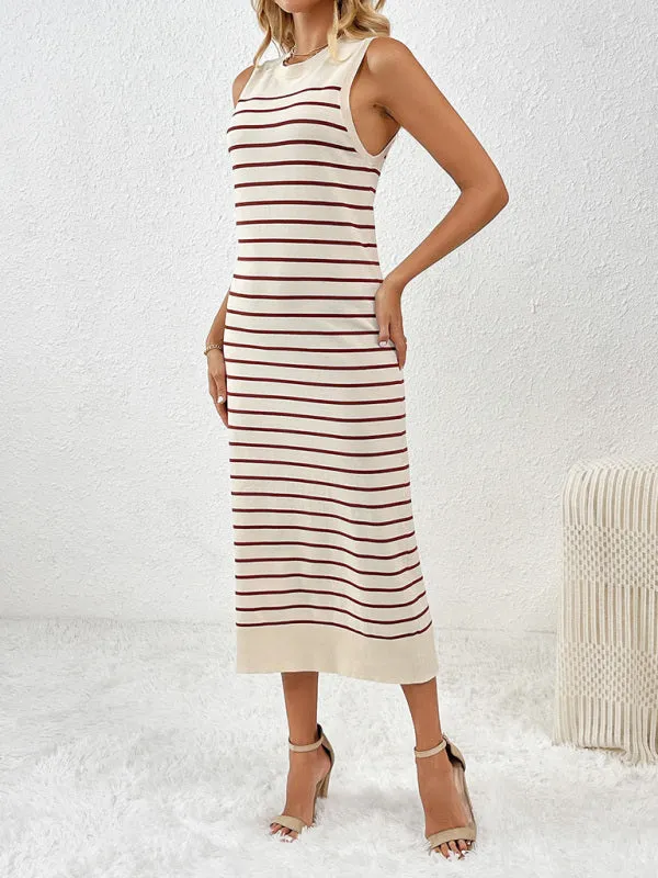 Striped Sleeveless Pullover Dress with Fitted Knit Design