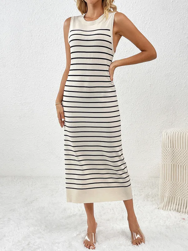 Striped Sleeveless Pullover Dress with Fitted Knit Design