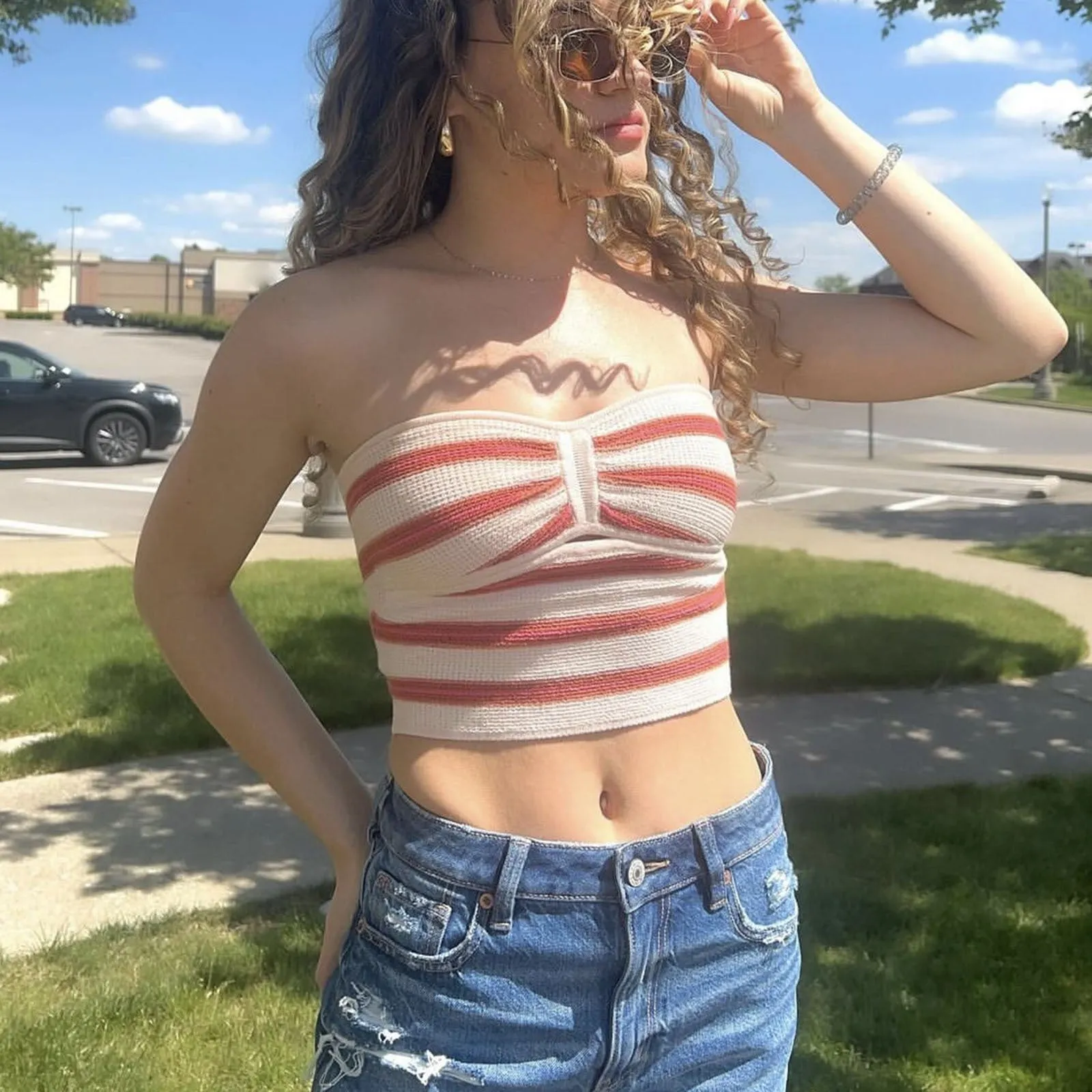 Striped Strapless Knit Bandeau Top for Casual Chic Looks