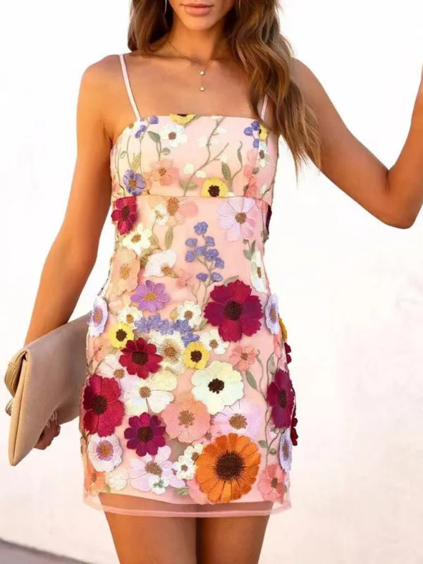 Three-Dimensional Floral Embroidery Mini Dress with Spaghetti Straps