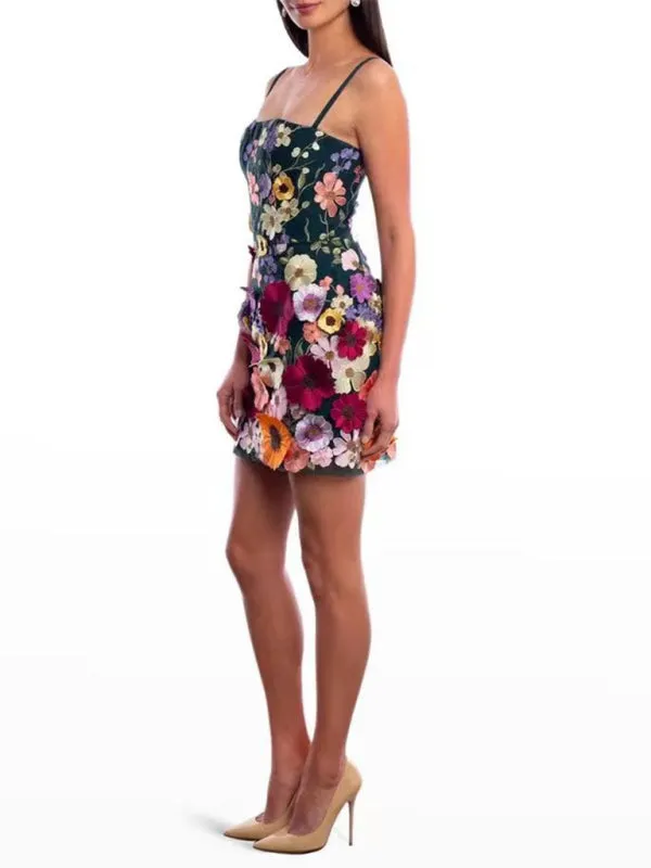 Three-Dimensional Floral Embroidery Mini Dress with Spaghetti Straps
