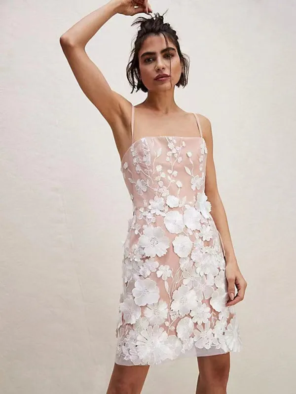 Three-Dimensional Floral Embroidery Mini Dress with Spaghetti Straps