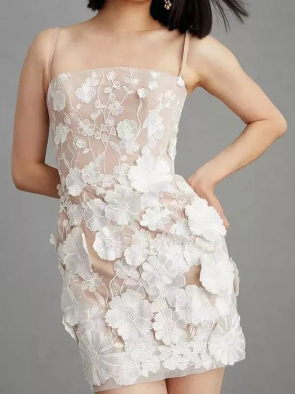 Three-Dimensional Floral Embroidery Mini Dress with Spaghetti Straps