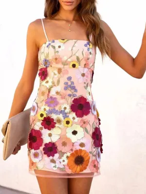 Three-Dimensional Floral Embroidery Mini Dress with Spaghetti Straps