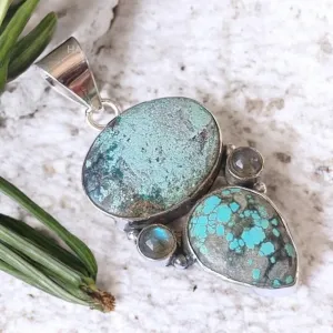 Tibetan Turquoise & Labradorite Solid 925 Sterling Silver Pendant