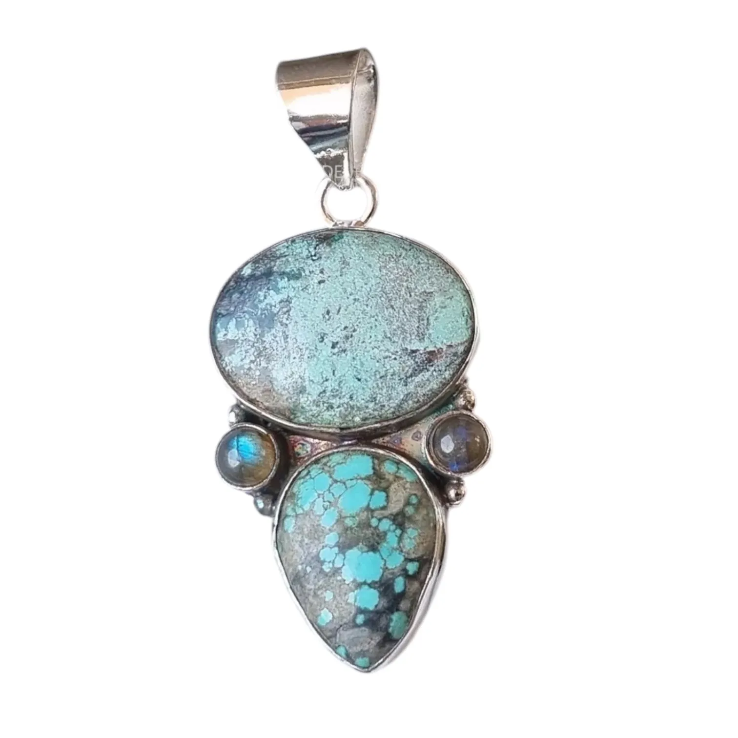 Tibetan Turquoise & Labradorite Solid 925 Sterling Silver Pendant
