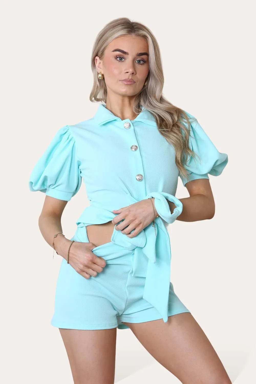 Tie Belt Button Shorts Set