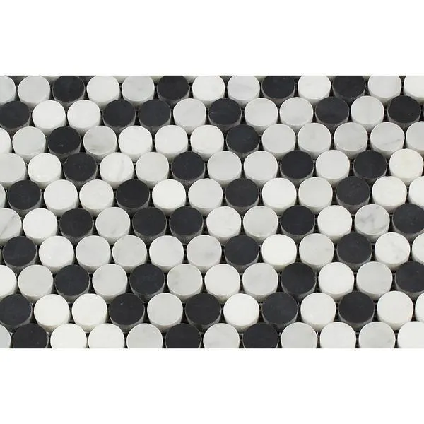 Tilefornia Carrara White & Thassos White & Black Marble MULTICOLOR Penny Rounds