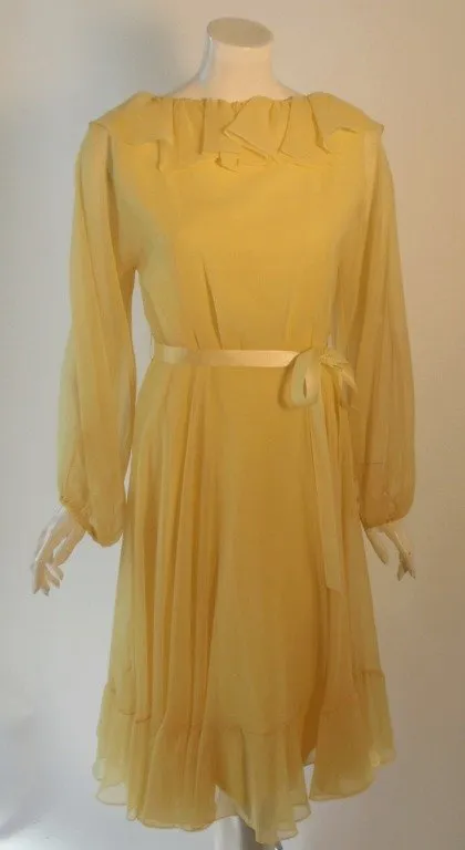 TRAVILLA 1970s Yellow Chiffon Cocktail Dress