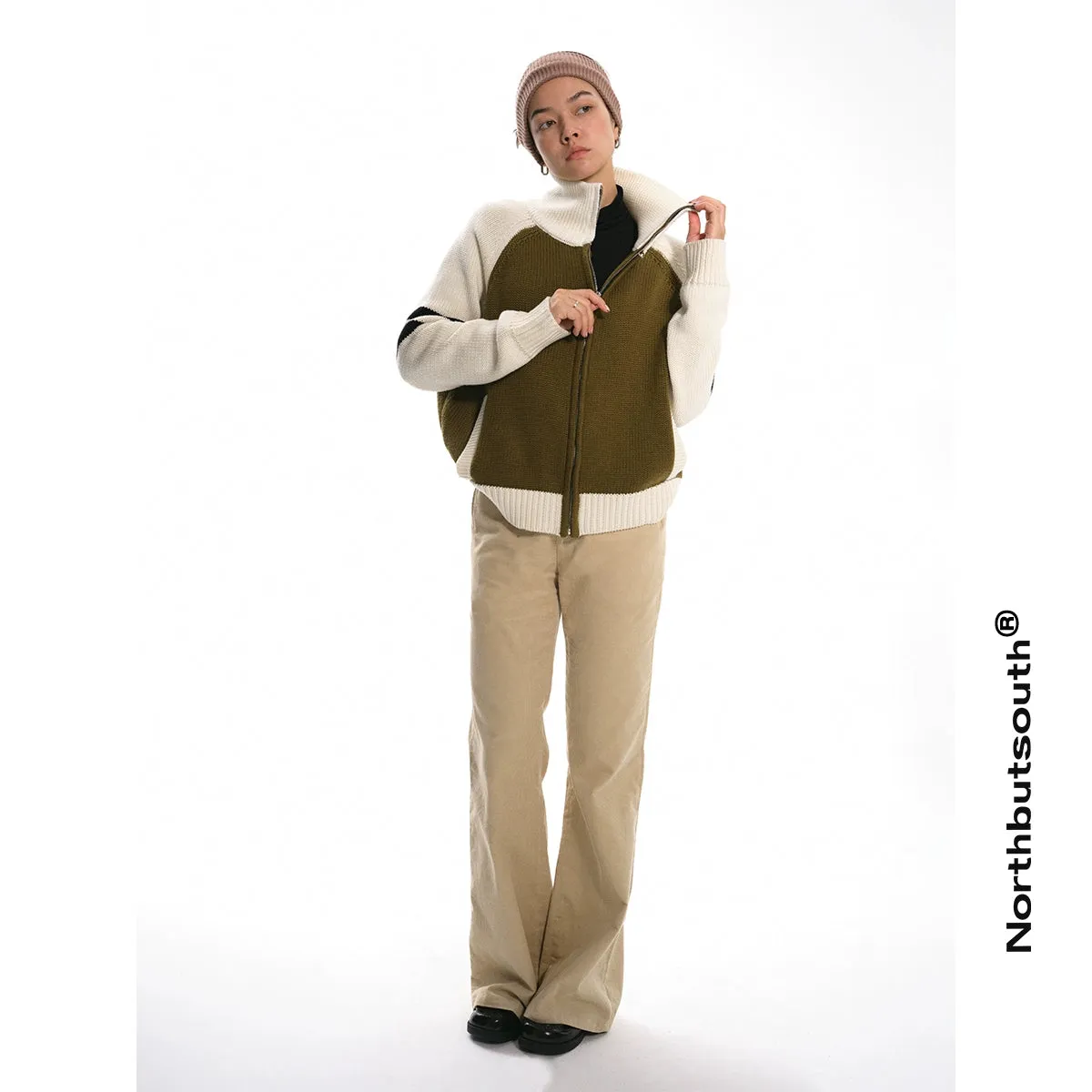 Two-Tone Zip-Up Knit Sweater