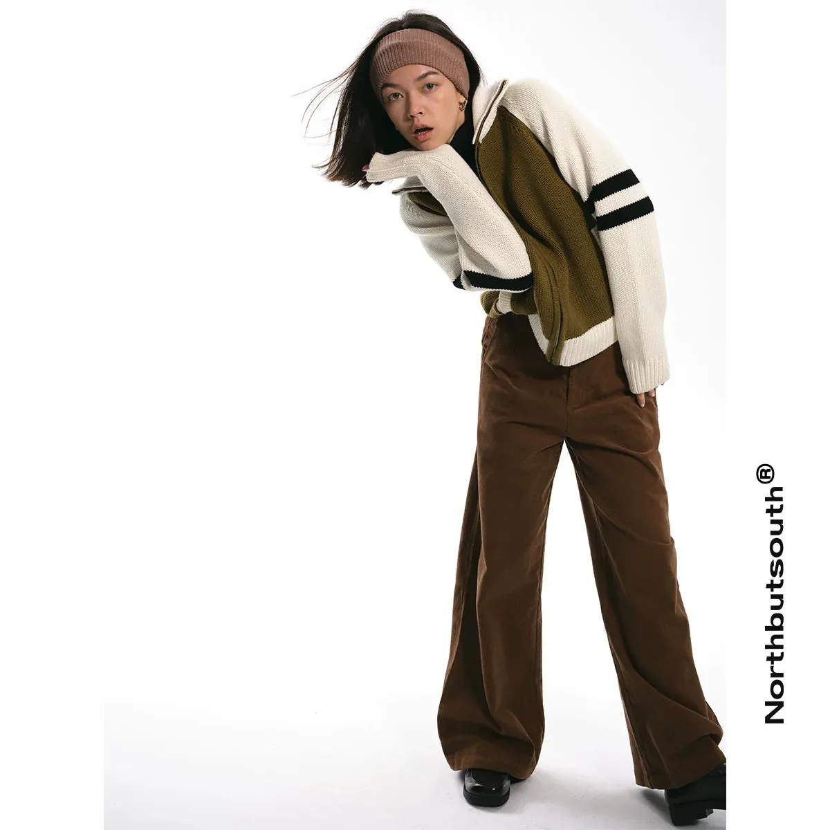 Two-Tone Zip-Up Knit Sweater