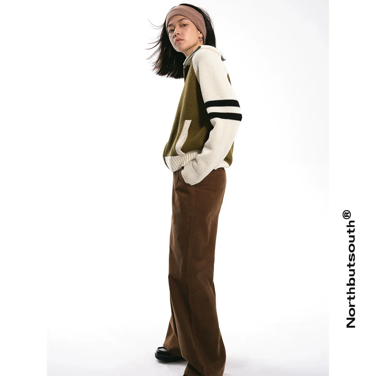 Two-Tone Zip-Up Knit Sweater