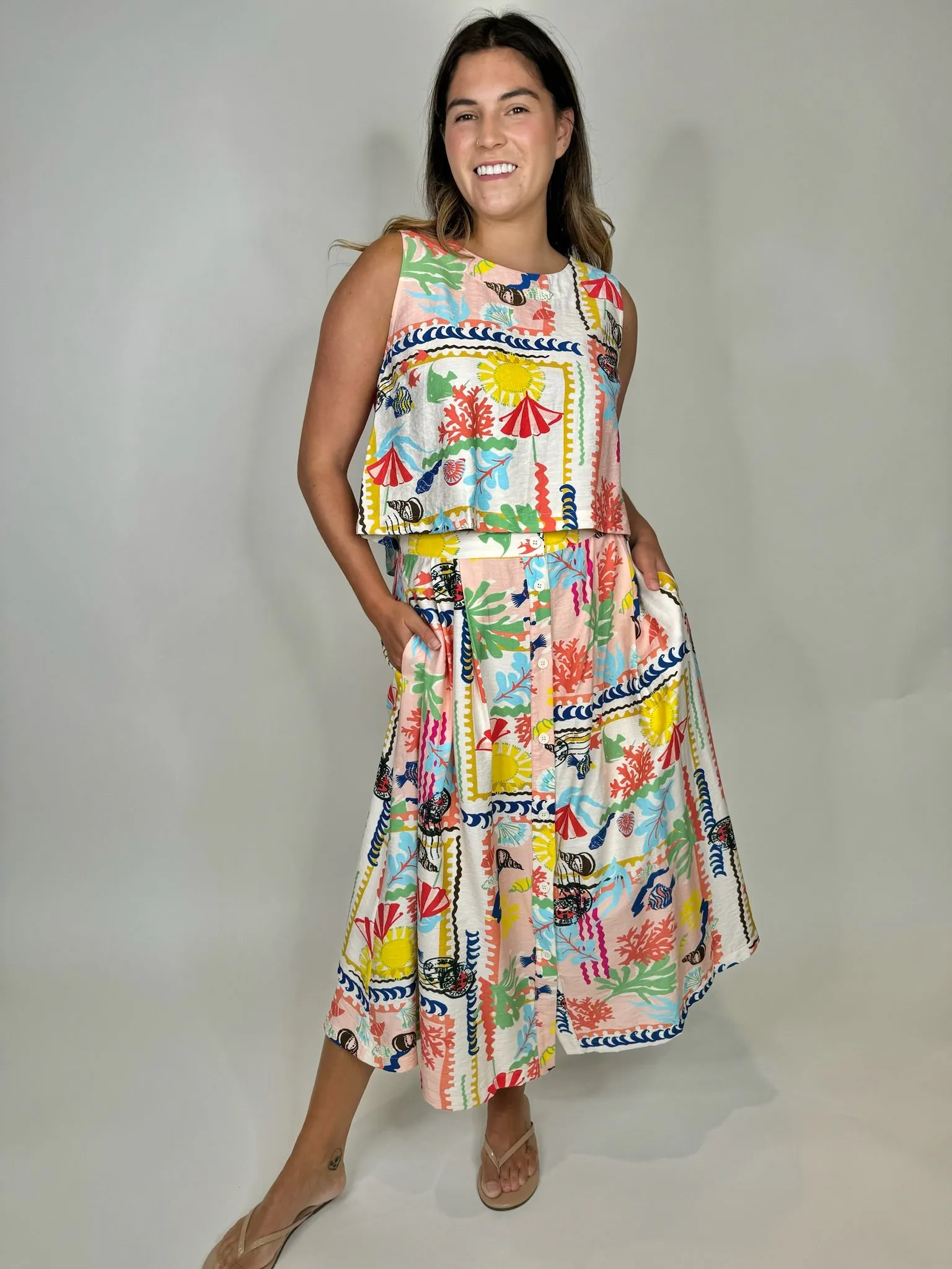 Umgee Abstract Print Front Button Down Skirt