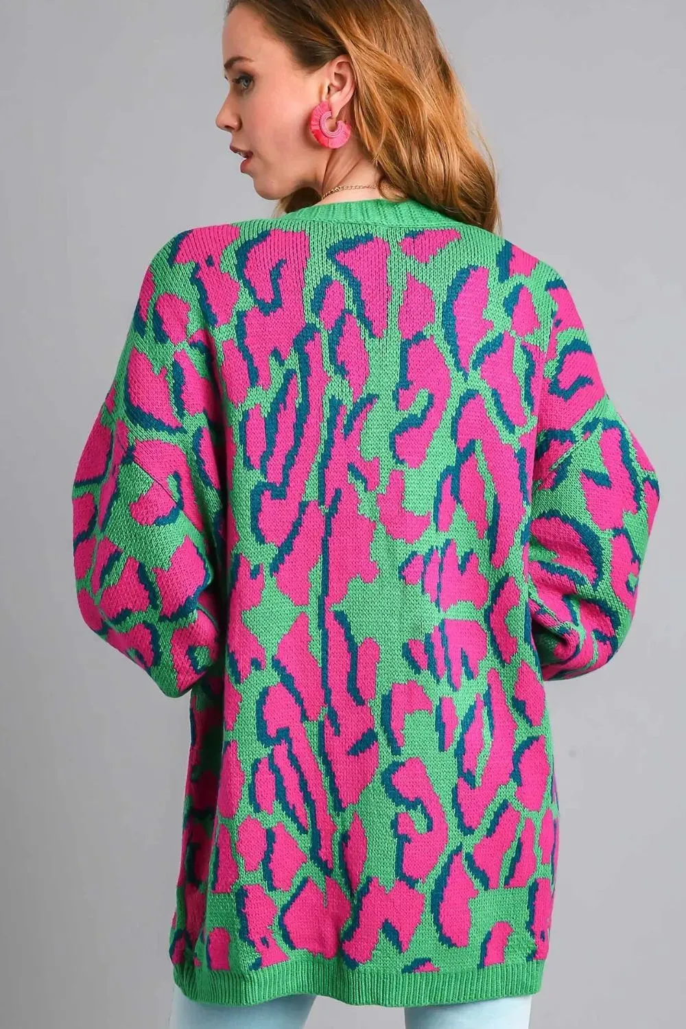 Umgee Full Size Animal Print Open Front Cardigan with Side Pockets Plus Size