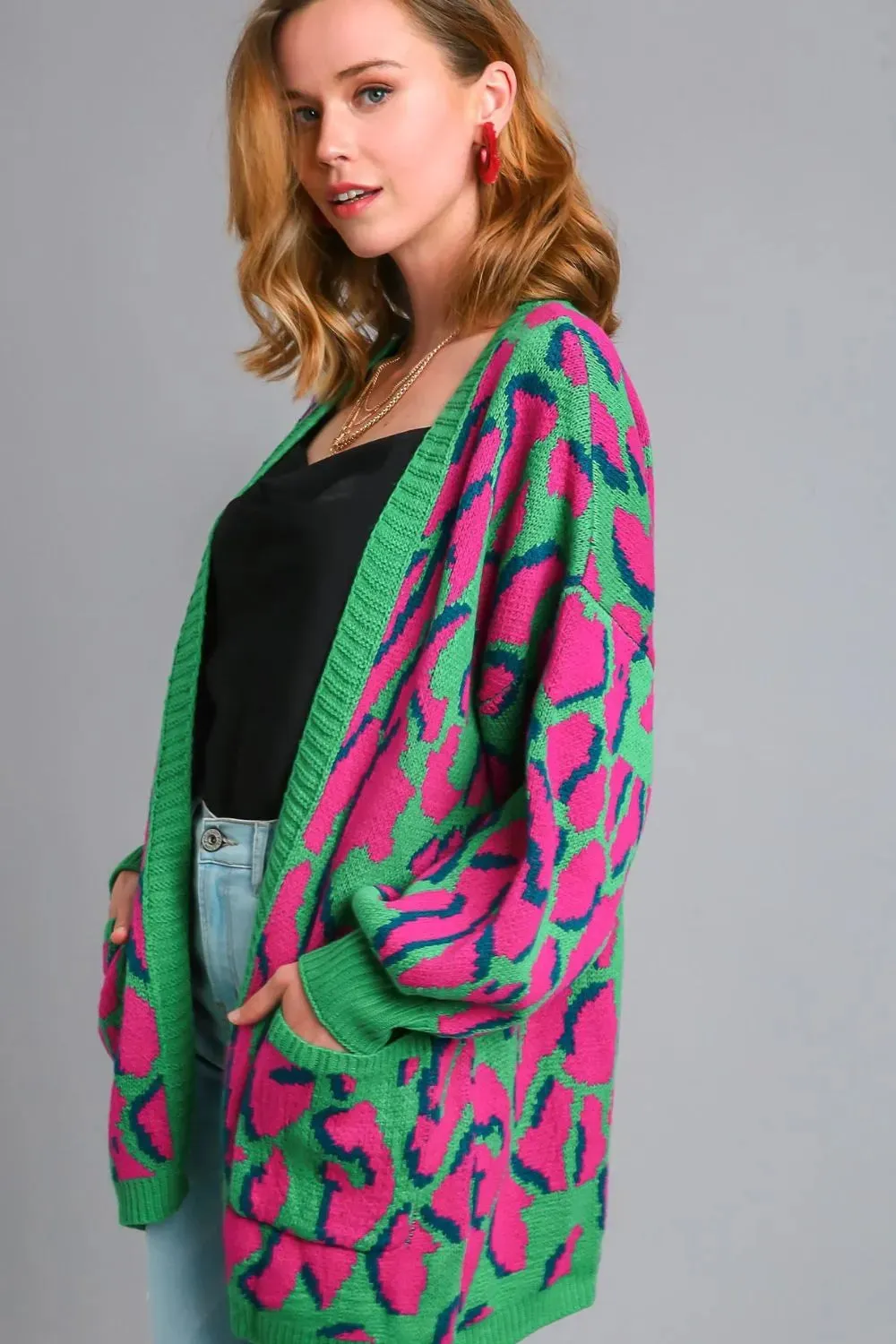 Umgee Full Size Animal Print Open Front Cardigan with Side Pockets Plus Size
