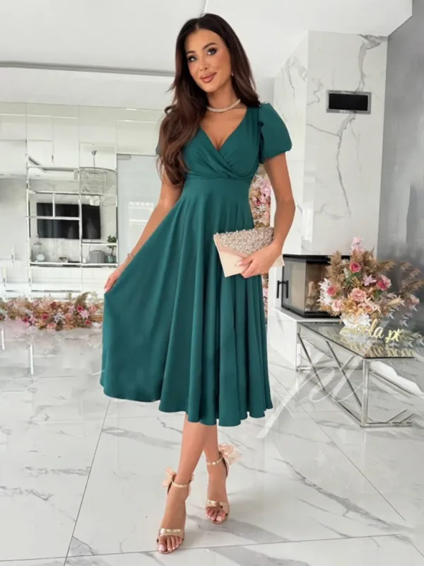V-Neck Swing Dress with Puff Sleeves and Fitted Waist