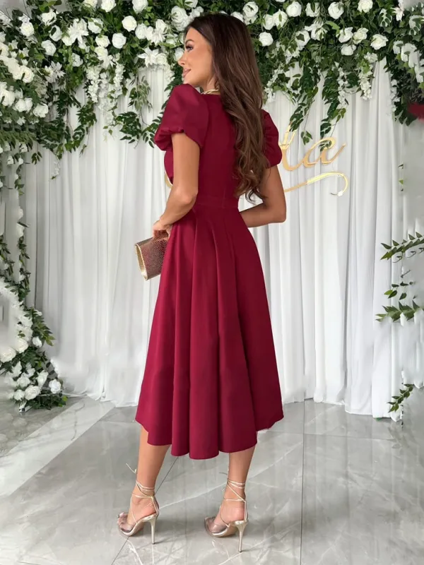 V-Neck Swing Dress with Puff Sleeves and Fitted Waist