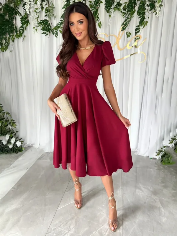 V-Neck Swing Dress with Puff Sleeves and Fitted Waist