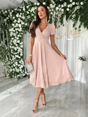 V-Neck Swing Dress with Puff Sleeves and Fitted Waist