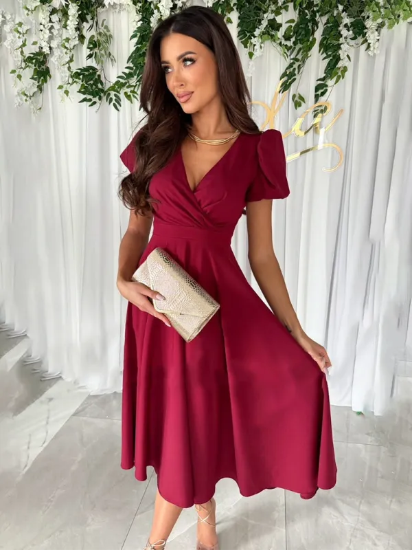 V-Neck Swing Dress with Puff Sleeves and Fitted Waist