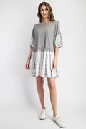 WASH COTTON PUFF SLEEVE TIE DYE DRESS