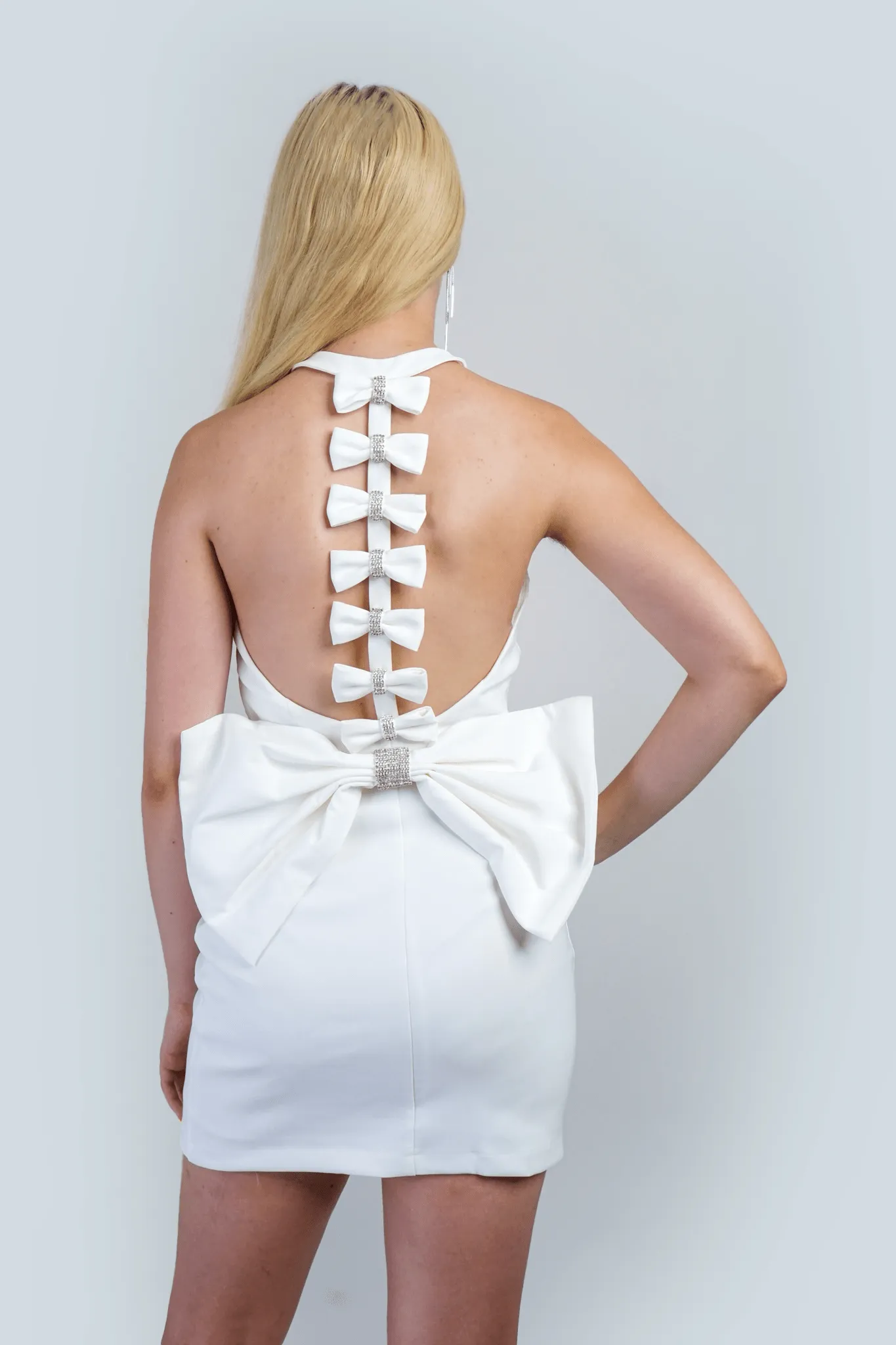 White Corset Halter Back Bows Rhinestone Mini Dress