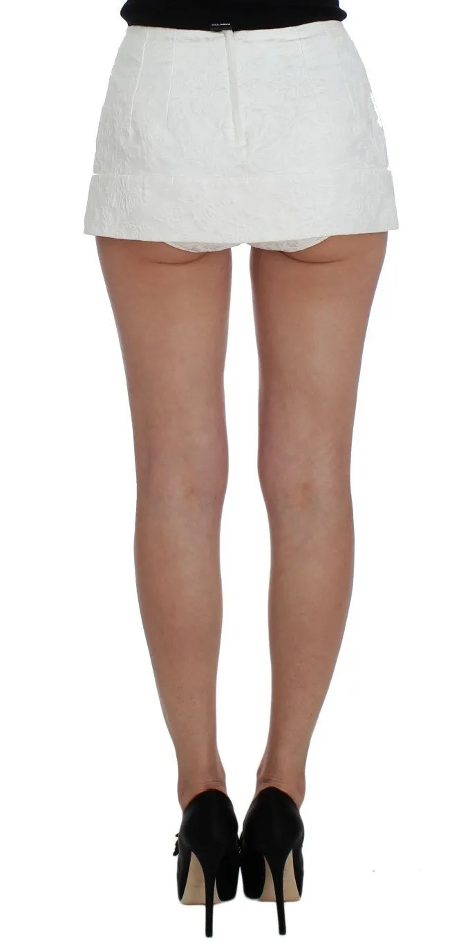 White Floral Brocade Shorts